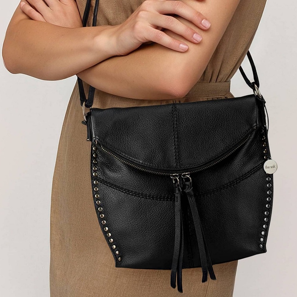The Sak Silverlake Black Leather Silver Stud Studded Bag Purse Crossbody - Picture 11 of 15